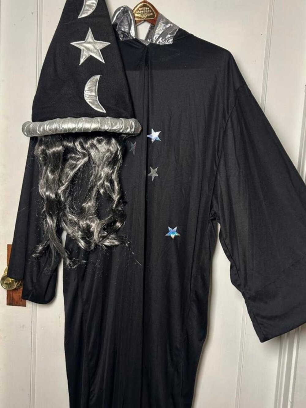 Men's black wizard costume with silver stars on cloak and moons on the hat wig /